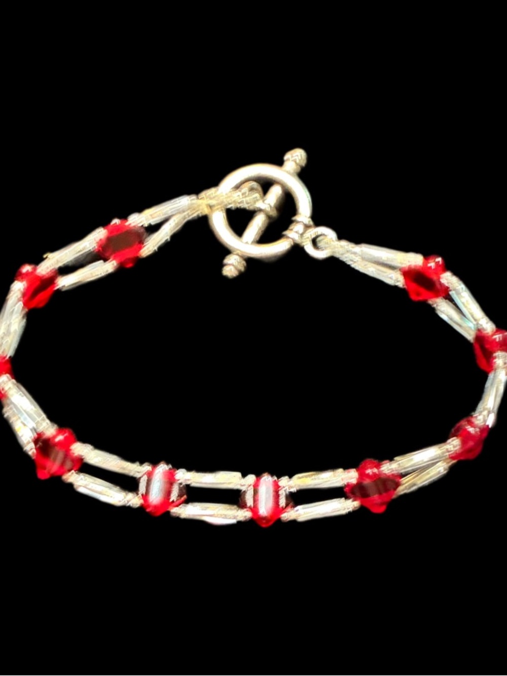 EUC Red Crystal Bead Double Strand Bracelet Silvertone @7